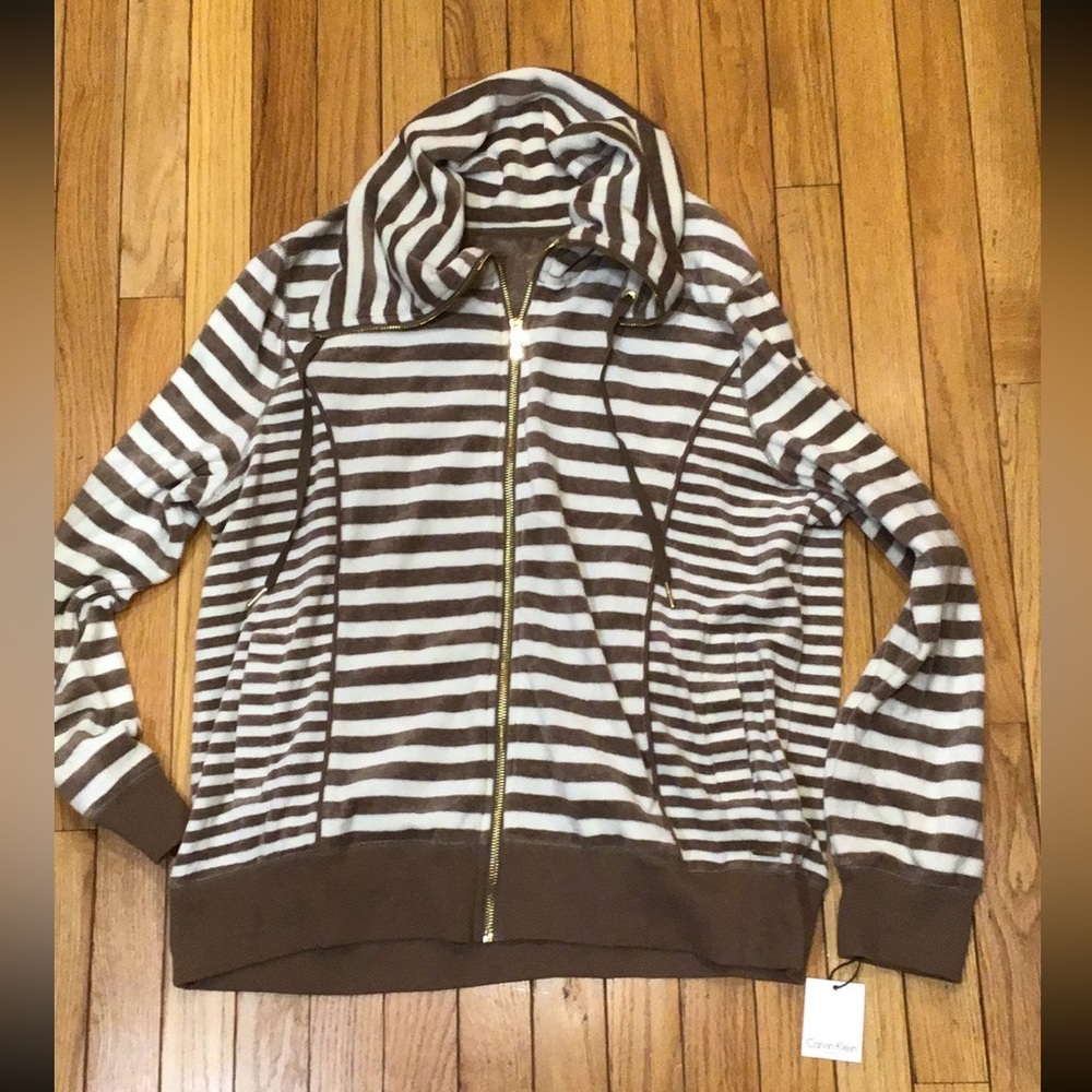 NWT Calvin Klein sweatshirt 1X cozy warm plus size cream beige brown striped top